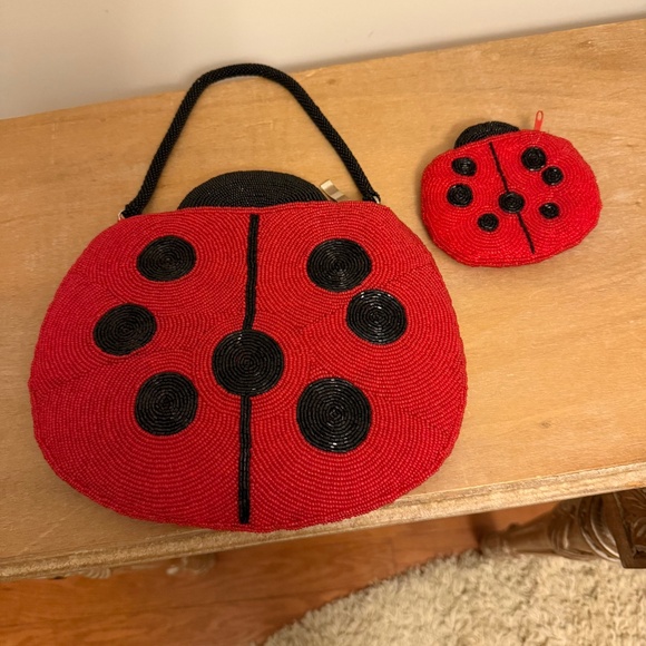 VTG Red Black Seed Beaded Ladybug Purse & Wallet Set Kitsch Handbag Mid-Century - Picture 1 of 10